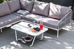 "Канны" диван модульный плетеный из роупа, каркас алюминий белый, роуп светло-серый круглый, ткань светло-серая