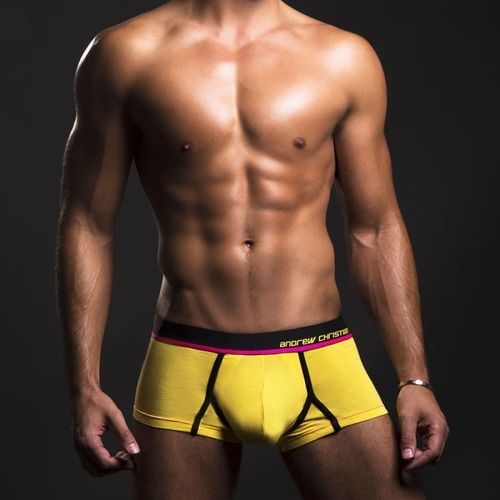 Мужские трусы боксеры желтые Andrew Christian Glow Yellow Boxer с тонкой лиловой полоской  AC86