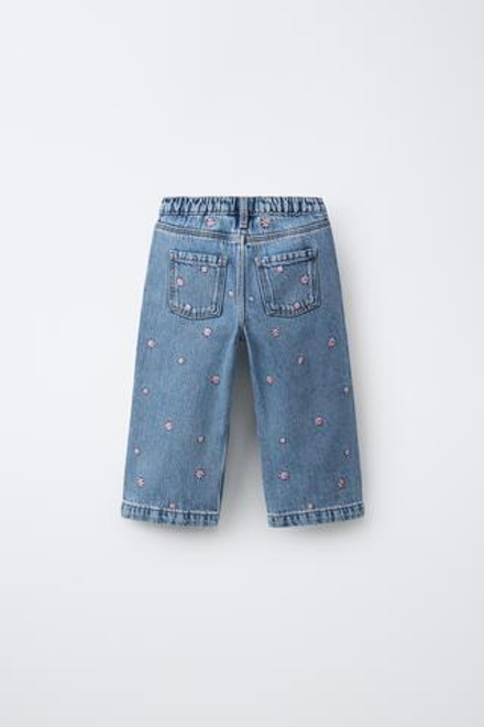 ZARA ДЖИНСЫ-КЮЛОТЫ С ВЫШИВКОЙ, СИНИЙ