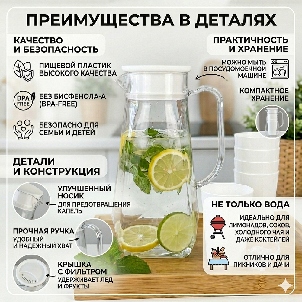 Кувшин пластиковый 1.7л «Летний хит» в наборе с 4-мя стаканами 200мл