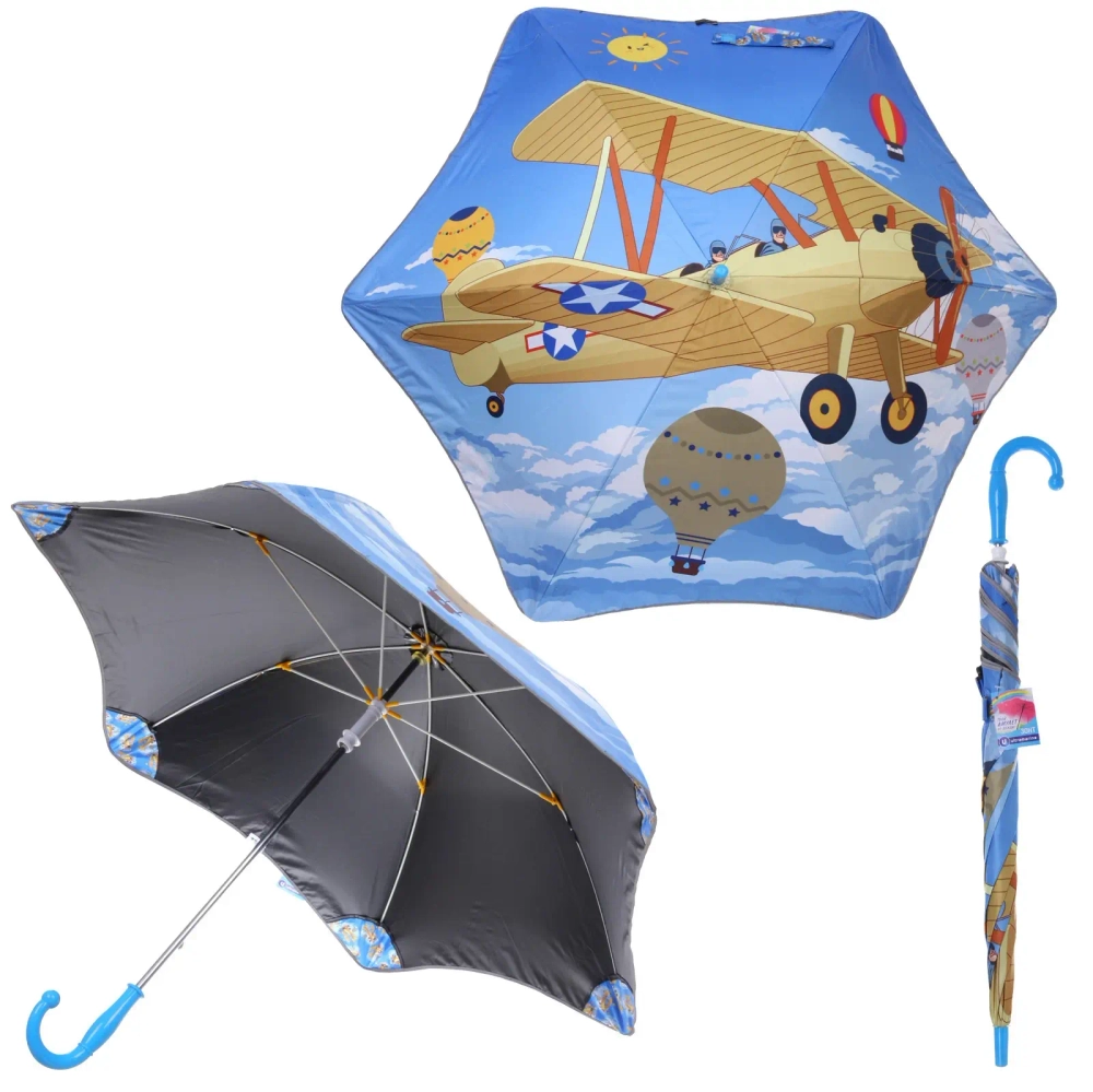 Зонт детский безопасный «KidsZontik», Самолет, светоотраж. элементы, плотный винил, длина 65см, d-90см