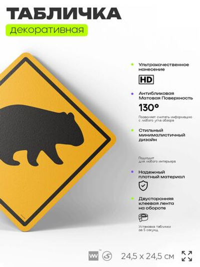 Табличка прикольная "Осторожно, вомбат" на дверь и стену, информационная и предупреждающая, декоративный знак, 24,5х24,5 см, пластиковая, Айдентика Технолоджи