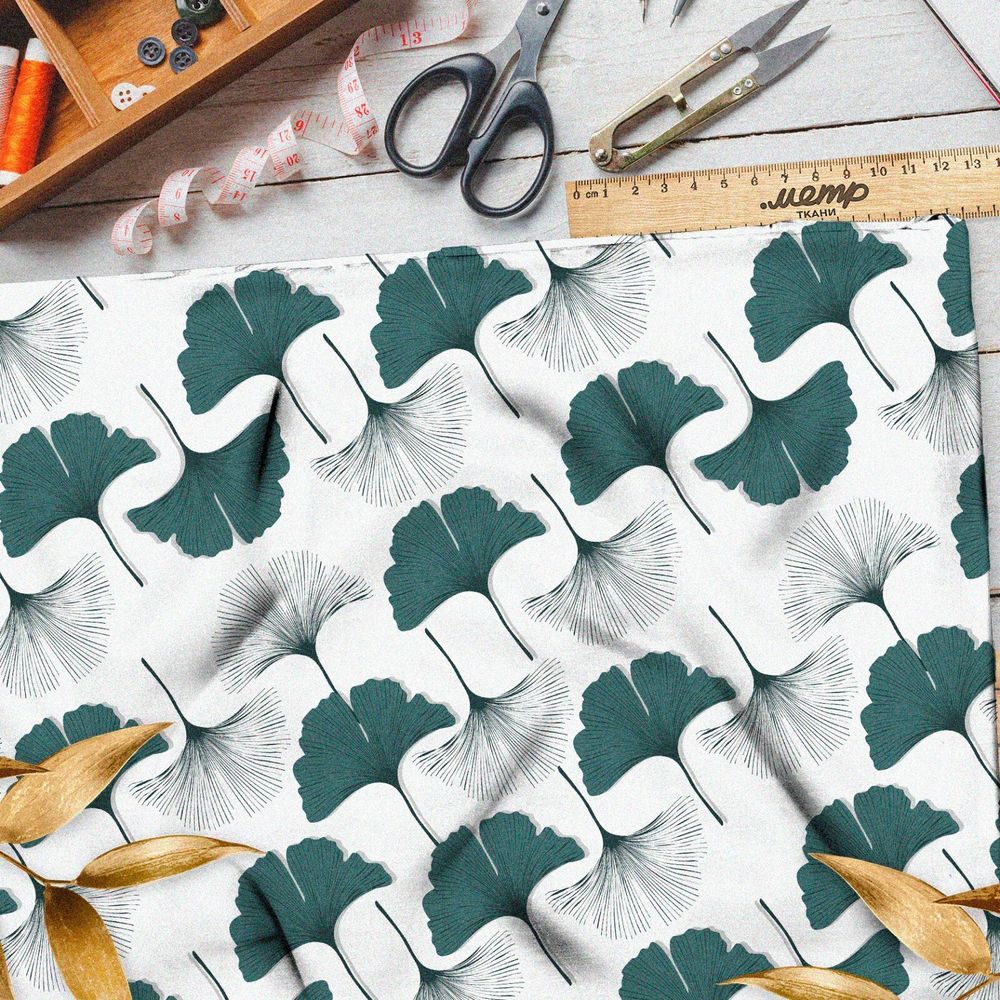 Ткань поплин белые и зеленые листья