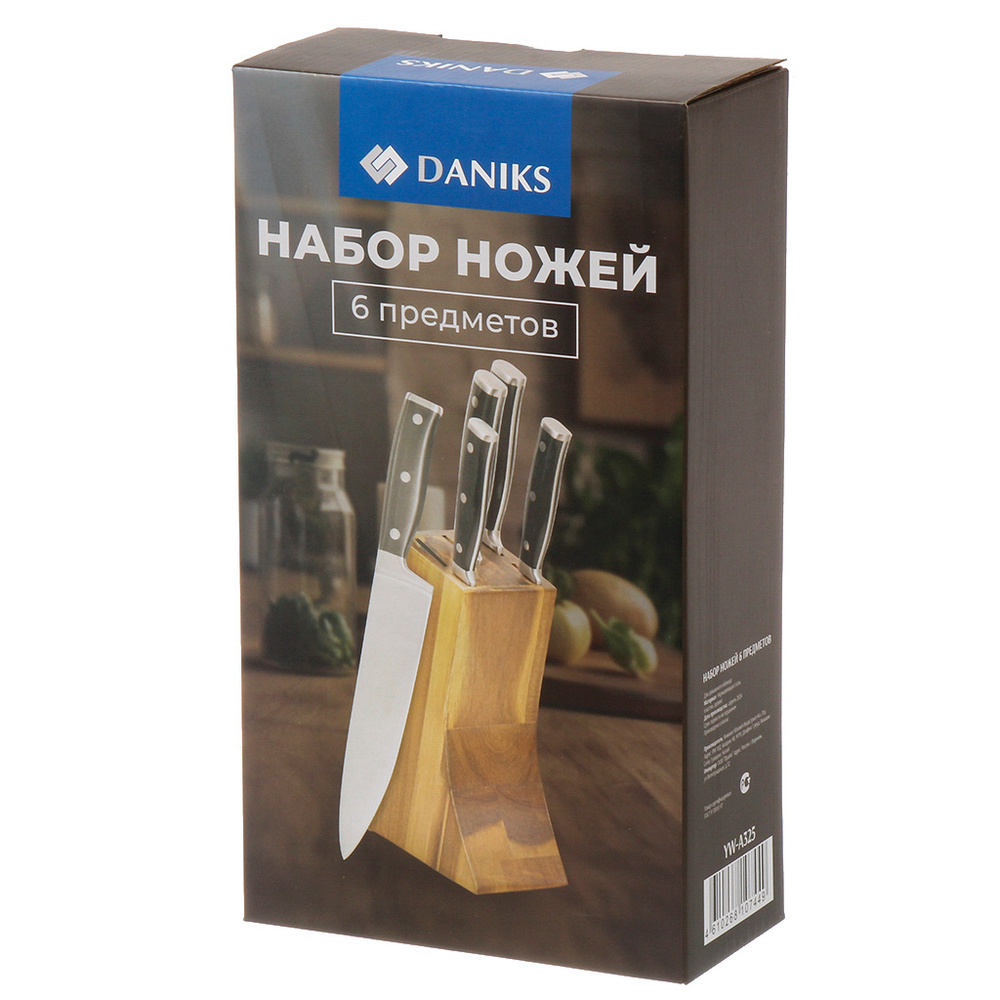 Набор ножей 6 пр, 20, 20, 20.5, 12.5, 9 см, сталь, рук пласт, с подст, дер, Daniks, Black, YW-A325