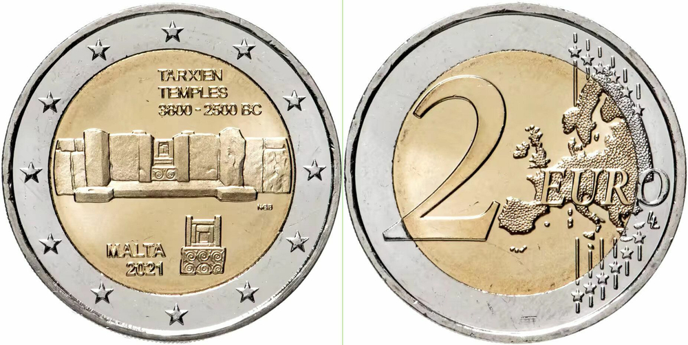 Мальта 2 евро 2021 Доисторические места Мальты - Таршиенский храмовый комплекс UNC