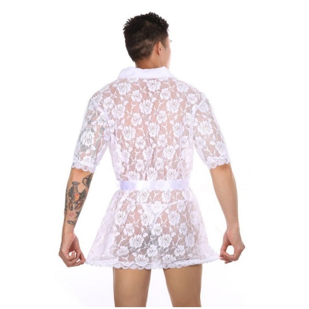 Мужской халат кружевной белый Romeo Rossi 9093-1