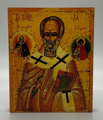 Николай Чудотворец с Илией Пророком и Георгием Победоносцем, XV - XVI вв, икона  на доске прямая печать по левкасу ручная работа, 8*10 см