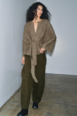 ZARA ВЯЗАНЫЙ КАРДИГАН С ПОЯСОМ, СВЕТЛЫЙ ХАКИ