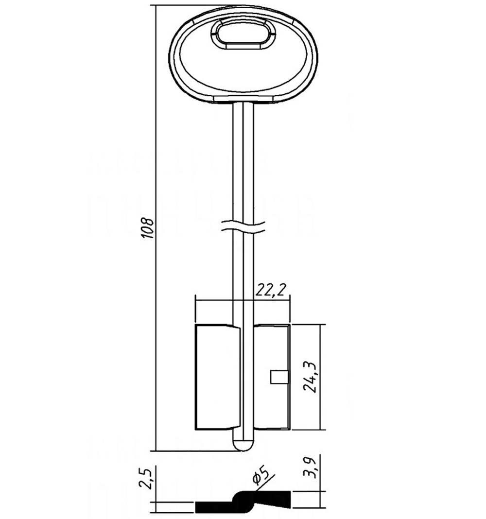Заготовка сувальдного ключа 10886 Меттэм-11/ Меттэм-03ПЛ 108*22,2*24,3 мм, лат., штамп., с пластиком MET11DP