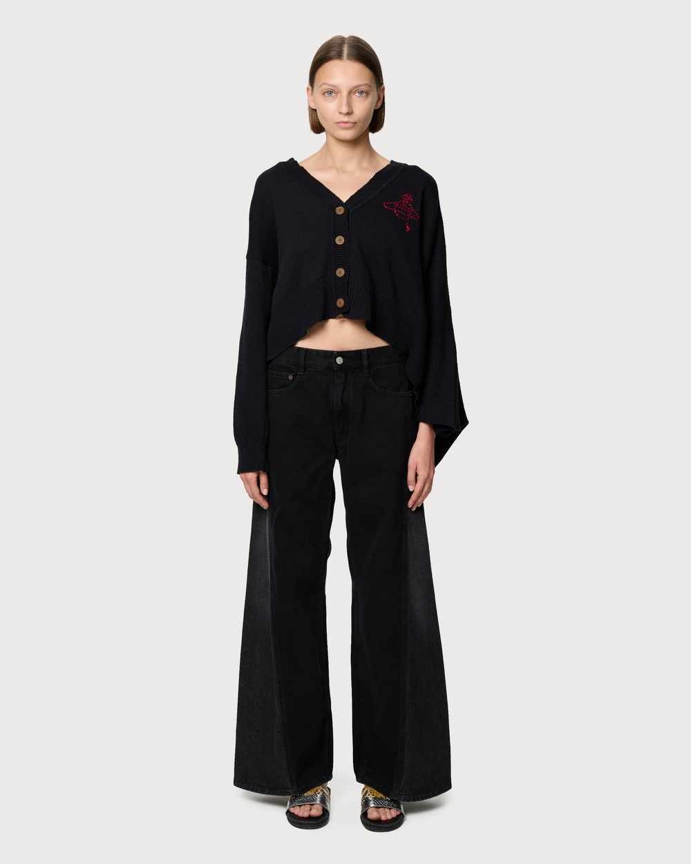 VIVIENNE WESTWOOD RED LEBEL КАРДИГАН ЧЕРНЫЙ АСИММЕТРИЧНЫЙ НА ПУГОВИЦАХ С ЛОГОТИПОМ БРЕНДА