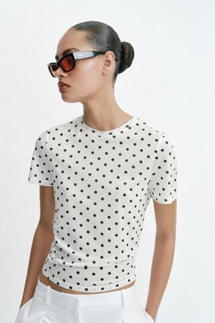 ZARA ФУТБОЛКА В ГОРОШЕК С КОРОТКИМИ РУКАВАМИ, ЭКРЮ/ЧЕРНЫЙ