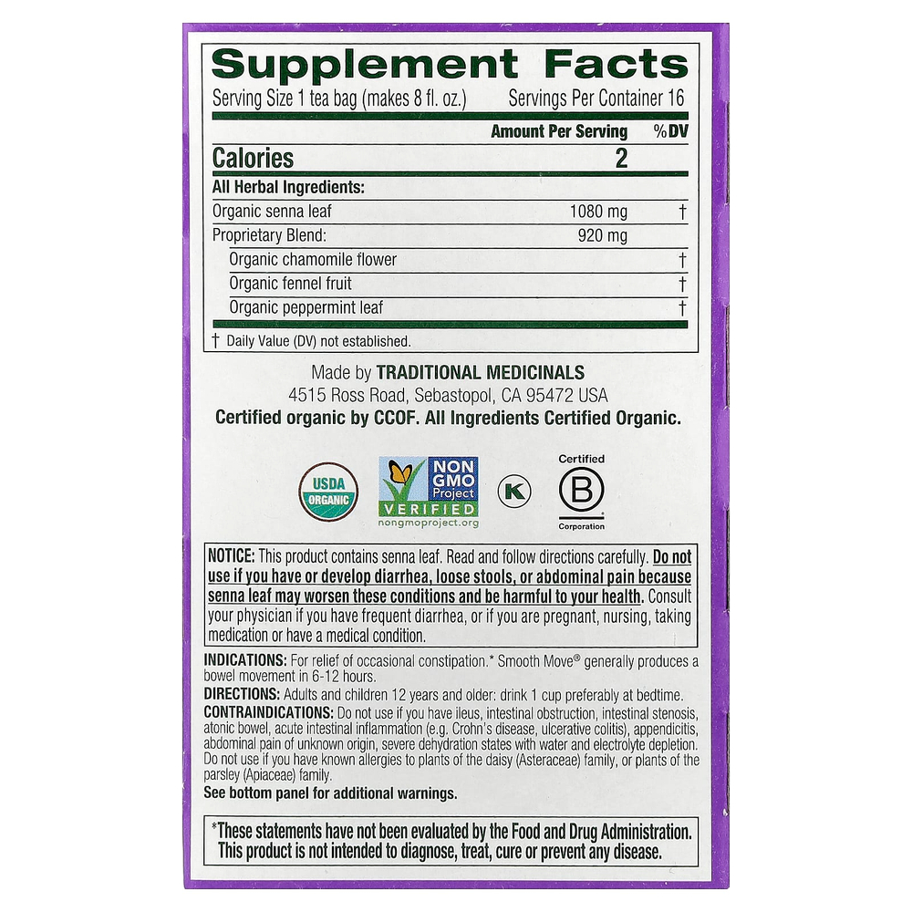 Traditional Medicinals, Organic Smooth Move®, сенна и ромашка, без кофеина, 16 упакованных чайных пакетиков, 32 г (1,13 унции)