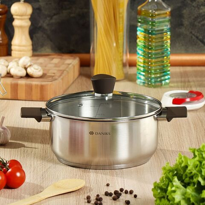 Кастрюля нерж, 3.7 л, с крыш, крышка стекло, Daniks, Savory, SD-A95-22, серебр, индукц