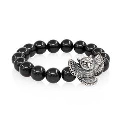 Браслет Сова большая из серебра 925 с натуральным черным кварцем 10 мм