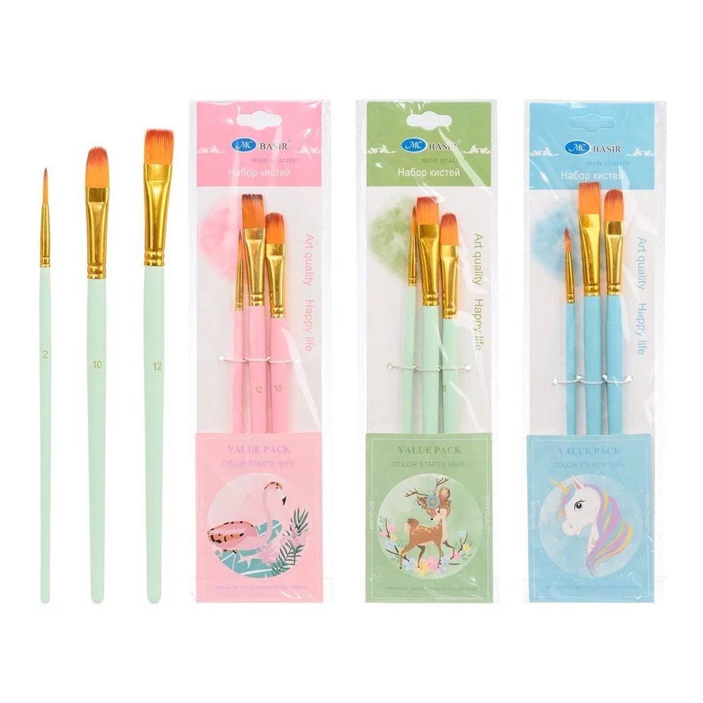Кисть для рисования Basir художественная, нейлон, плоские, № 2,10,12, набор из 3 шт, ассорти