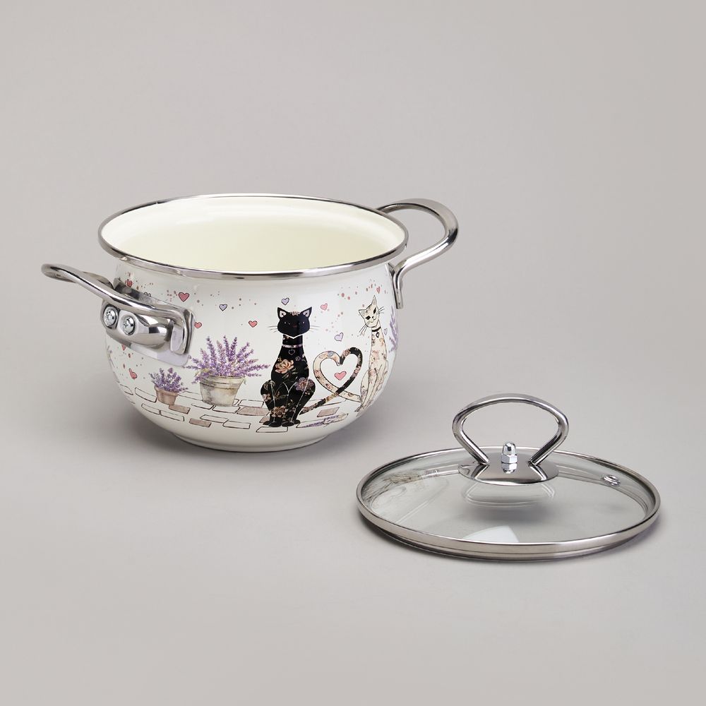 КАСТРЮЛЯ AGNESS ЭМАЛИРОВАННАЯ СО СТЕКЛЯННОЙ КРЫШКОЙ СЕРИЯ "LAVENDER CATS", 1,5 Л ДИА. 16СМ