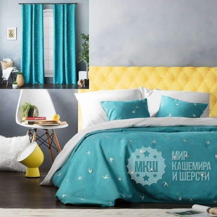 Комплект шторы и покрывало с вышивкой: ПРАЙММ (арт. BL10-245-04) - (145х280)х2 см., покрывало 230х250 см. - бирюзовый