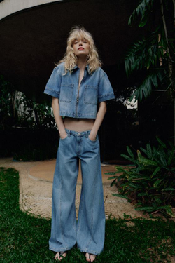 ZARA ДЖИНСОВАЯ РУБАШКА Z1975 С КОРОТКИМ РУКАВОМ, ВЫЦВЕТШИЙ СИНИЙ