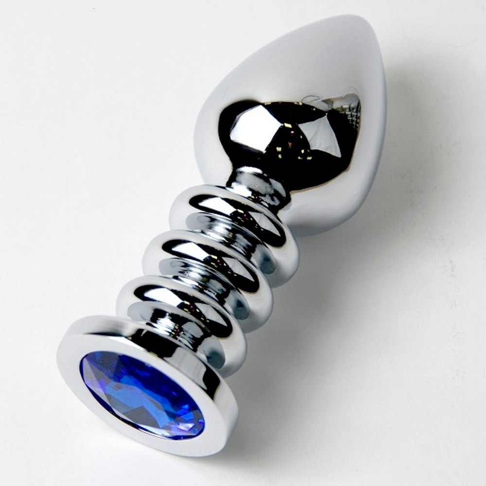 Большая серебристая анальная пробка с синим кристаллом - 10 см. (Цвет: синий)