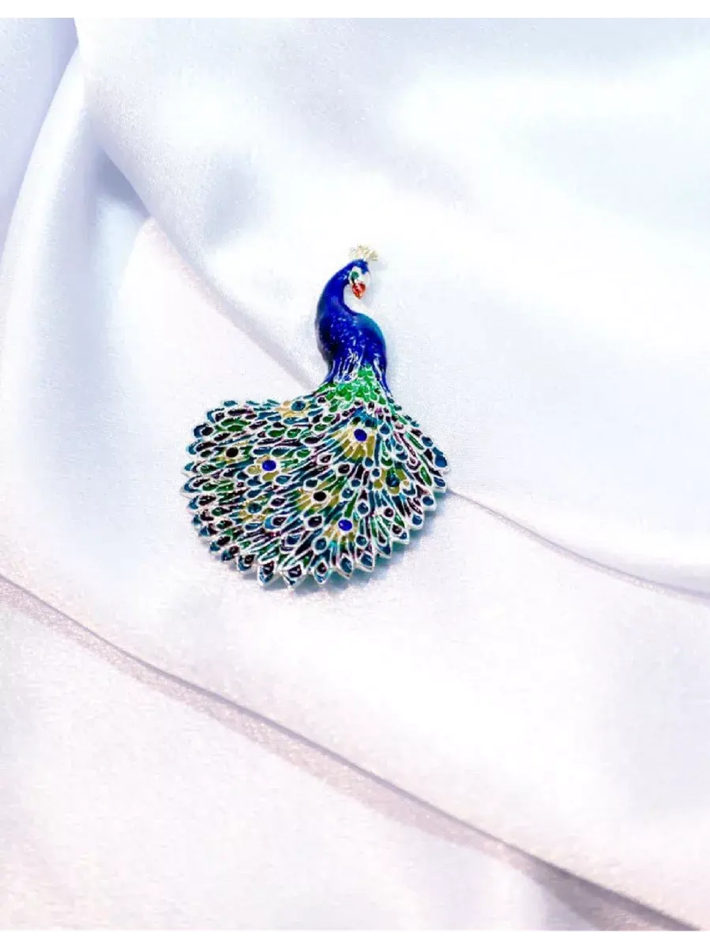 Ювелирная брошь-подеска эмаль, серебро 925 павлин