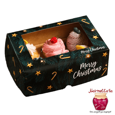 Упаковка для капкейков "Счастливого Рождества" с окном, 6 ячеек