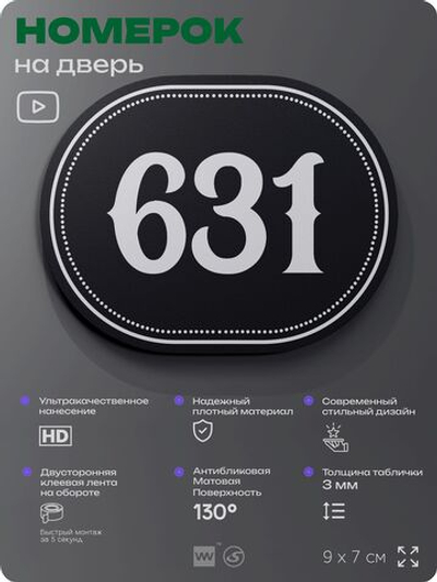 Номерок на дверь квартиры 631, для кабинета, офиса, шильдик 9 х 7 см, черный, Айдентика Технолоджи