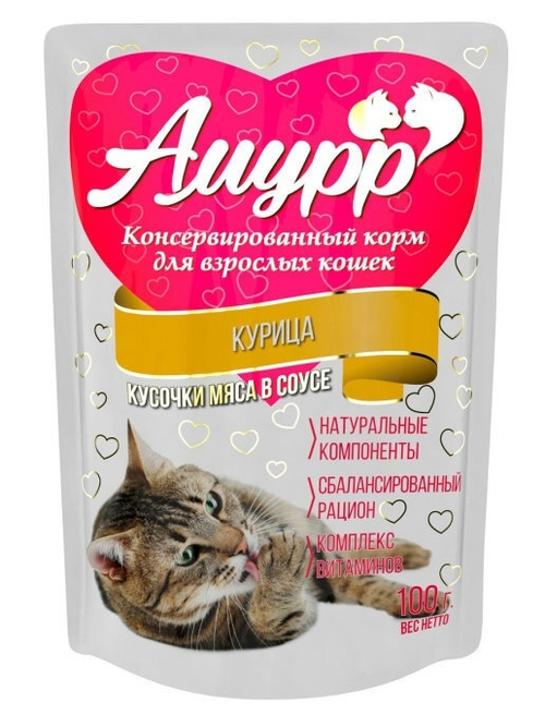 Амурр Влажный корм для взрослых кошек, курица в соусе, 100 г