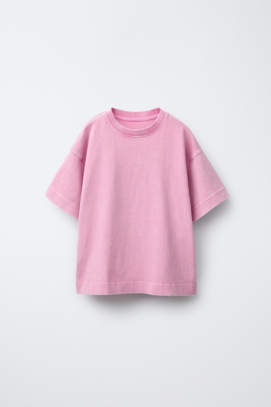 ZARA ФУТБОЛКА HEAVY WEIGHT ИЗ ТКАНИ С ЭФФЕКТОМ ПОТЕРТОСТИ, РОЗОВЫЙ