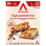 Atkins, высокопротеиновый батончик, шоколад и арахисовая паста, крендель, 4 батончика по 48 г (1,69 унции)