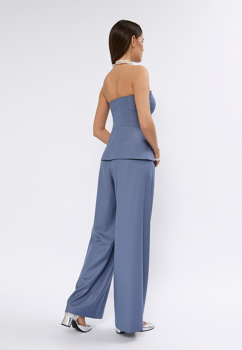 Брюки палаццо MONRO из шерсти с шелком серо-голубого цвета