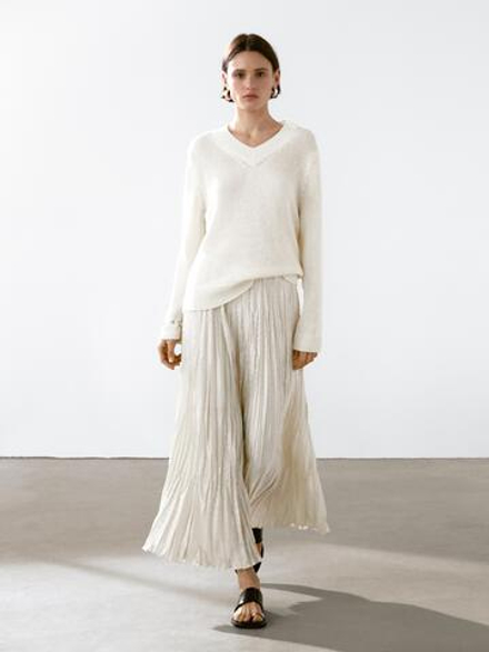 Massimo Dutti Плиссированная юбка миди, кремовый