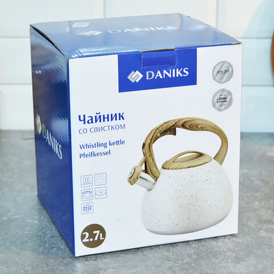 Чайник 2,7л нерж со свистком, ручка бакелитовая в цвет дерева, индукция, цвет белый мрамор, "Daniks"