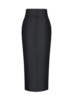 Юбка миди из денима с разрезом, отстрочками и ремнем