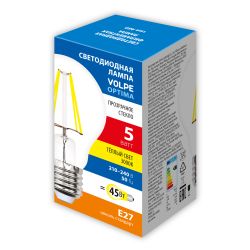 LED-A60-5W-3000K-E27-CL-SLF Лампа светодиодная. Форма A. прозрачная. Теплый белый свет 3000K. ТМ Volpe