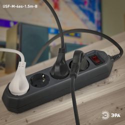 Сетевой фильтр ЭРА USF-M-4es-1,5m-B с защитой (термо) с заземлением с выключателем 4 розетки 1,5м 10А черный | Сетевые фильтры