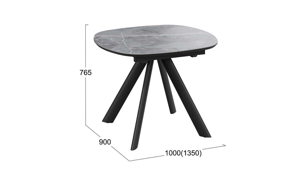 Стол кухонный обеденный раздвижной Черный муар/Керамика матовая серый мрамор 100(135)х90х76 см