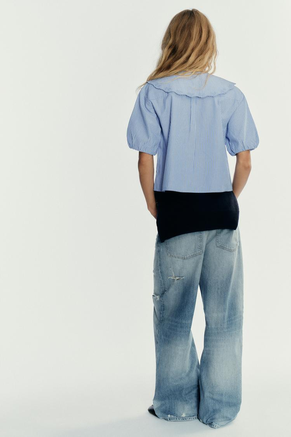 ZARA РУБАШКА В ПОЛОСКУ С КРУГЛЫМ ВОРОТНИКОМ И ВЫШИВКОЙ, СИНИЙ/БЕЛЫЙ