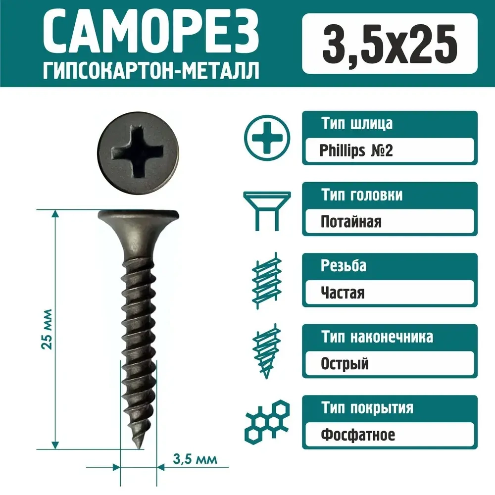 Саморез Rizzel 3,5х25 по металлу фосфатированный (500 шт)