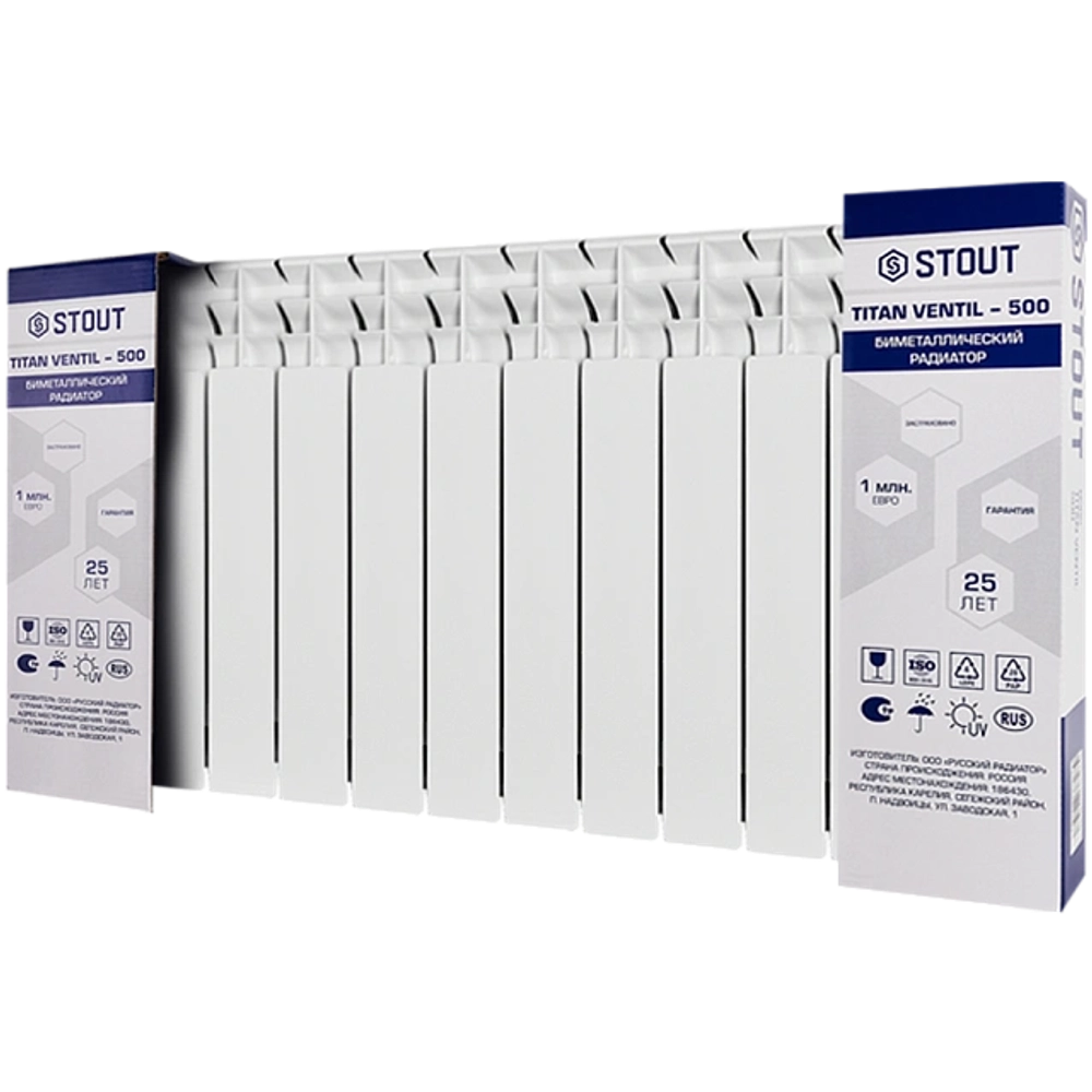 Радиатор биметаллический STOUT TITAN VENTIL 500 - 13 секций (подключение нижнее правое, цвет белый)