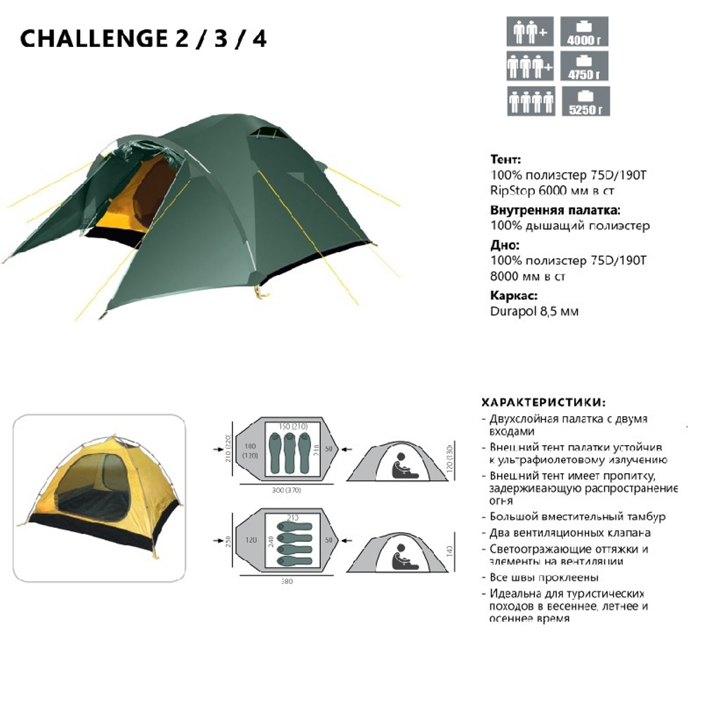 Палатка BTrace Challenge 4 (380х250х140, 5000 мм в. ст.)