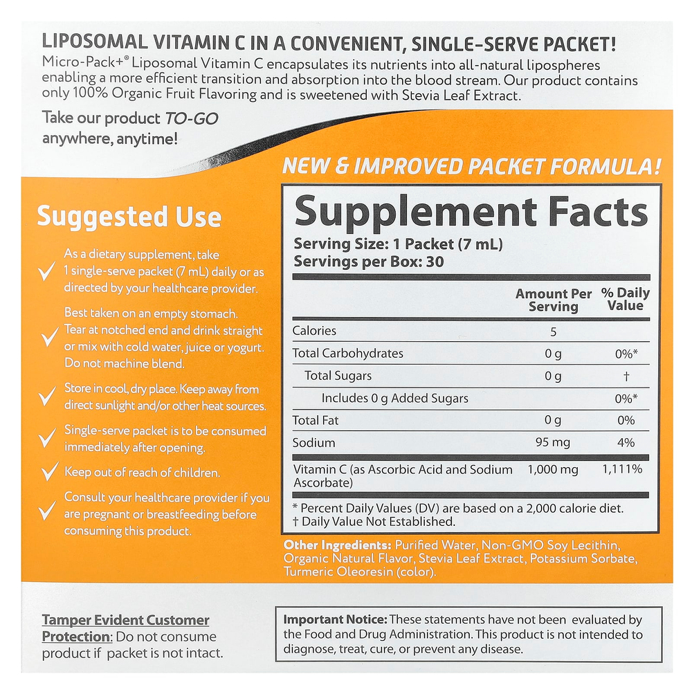 Aurora Nutrascience, Micro-Pack+®, липосомальный витамин C, 30 пакетиков по 7 мл (0,24 жидк. унции)
