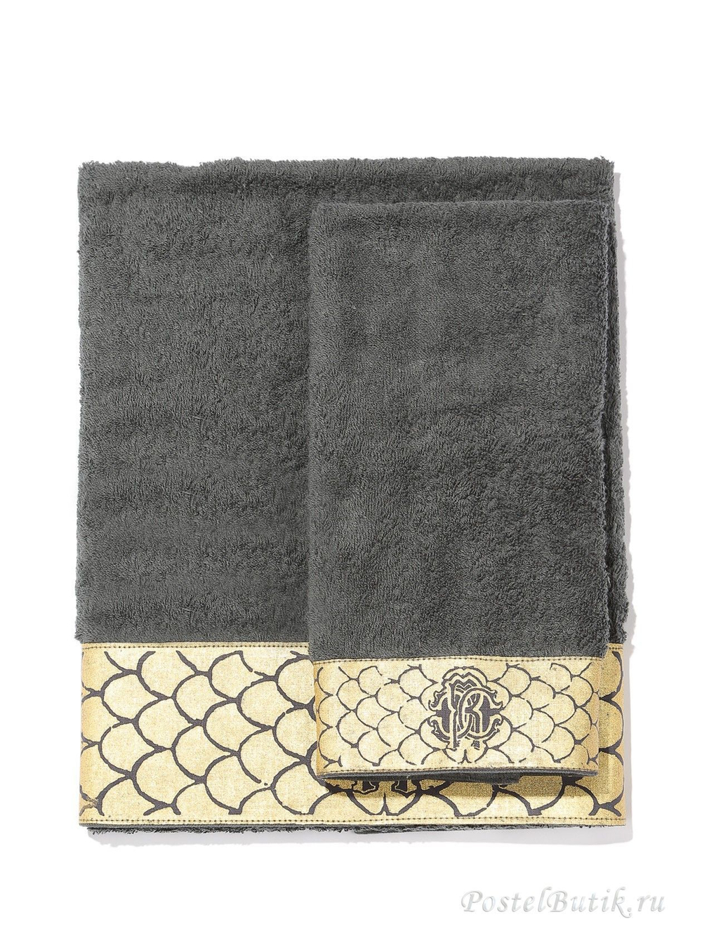 Элитные полотенца махровые Gold тёмно-серые от Roberto Cavalli