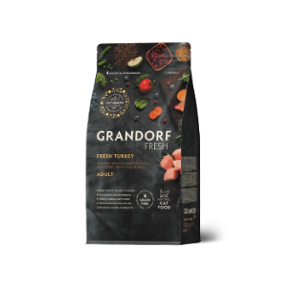Сухой корм GRANDORF FRESH CAT Turkey беззерновой, индейка с бататом для взрослых кошек, диетическая формула для особо аллергичных кошек 0,4кг