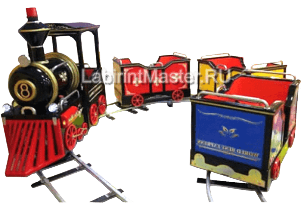 Рельсовый паровозик «Навстречу веселью», 3 вагона, 6 мест — для ТРЦ, с электродвигателем