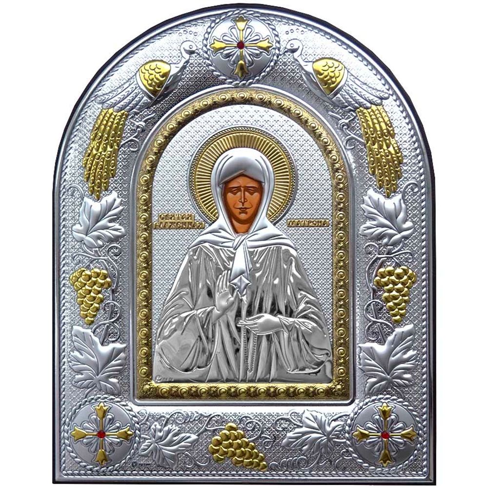 Матрона Московская. Икона в серебряном окладе на кожаном основании.