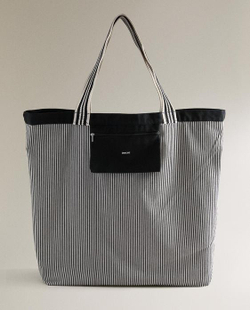 ZARA HOME ДВУСТОРОННЯЯ ПОЛОСАТАЯ ТКАНЕВАЯ СУМКА-ШОППЕР, ЧЕРНЫЙ