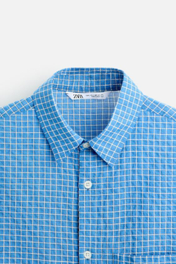 ZARA РУБАШКА С ТЕКСТУРНЫМ УЗОРОМ В КЛЕТКУ, ЯРКО-СИНИЙ