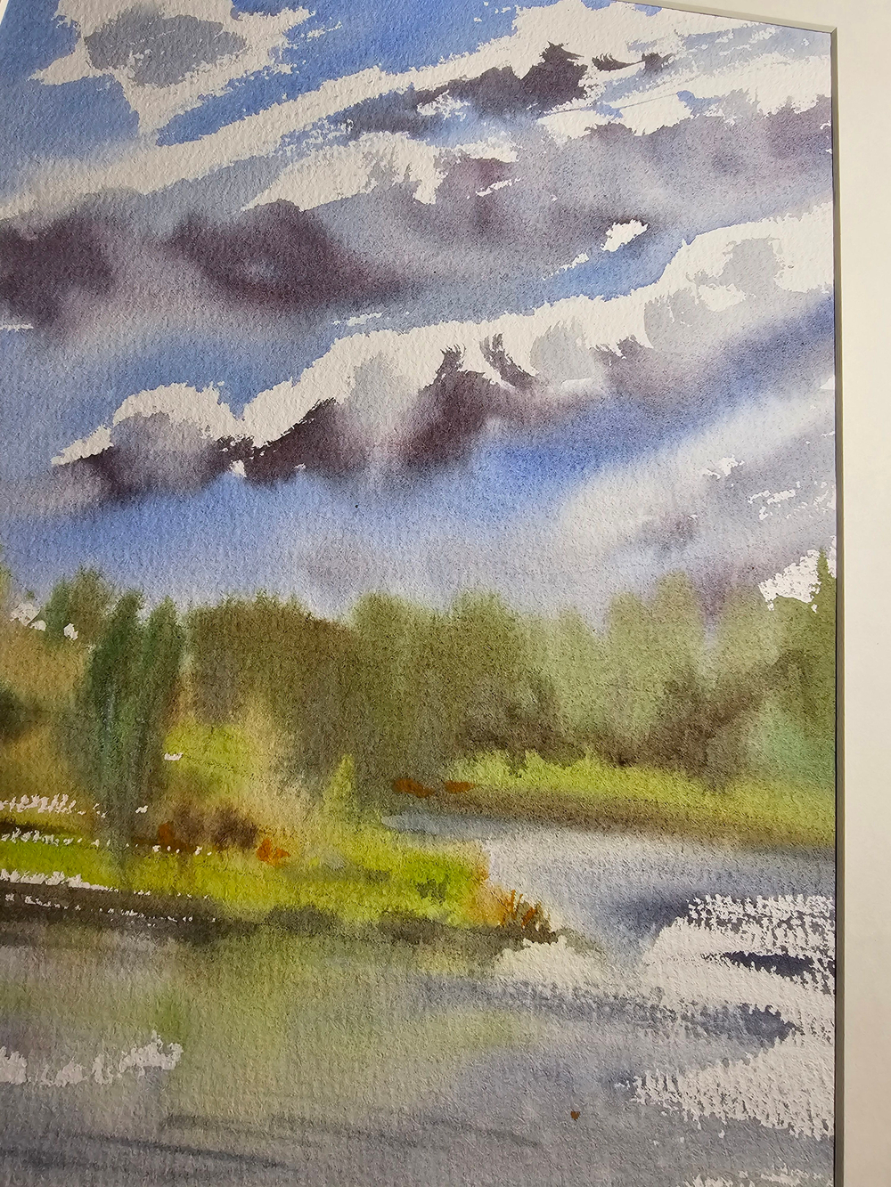 Картина акварельная в паспарту 30х40 см на стену для интерьера "Облачный день на Желчи"