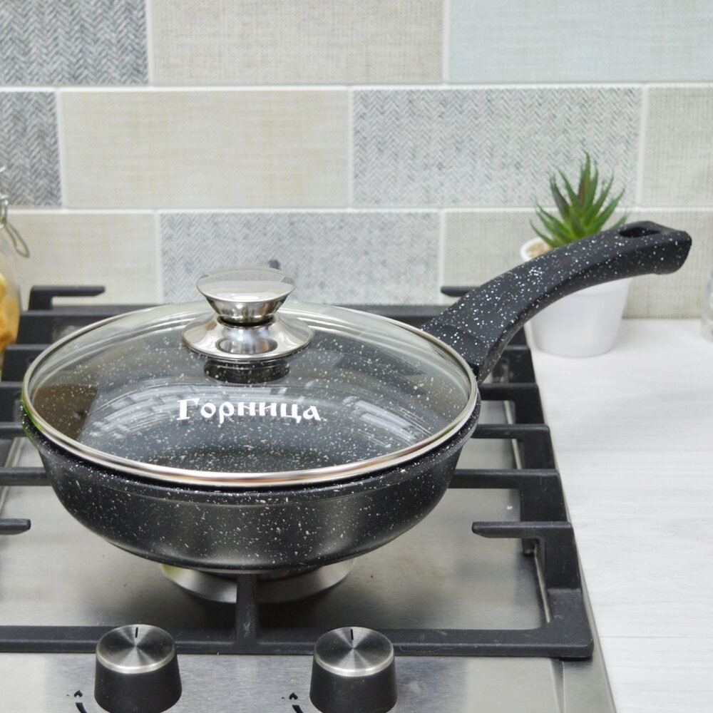 Сковорода 20см высота 5,1см Гранит с несъемной ручкой и стеклянной крышкой, с2052аг