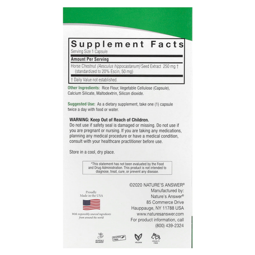 Nature's Answer, Конский каштан, 250 мг, 90 вегетарианских капсул
